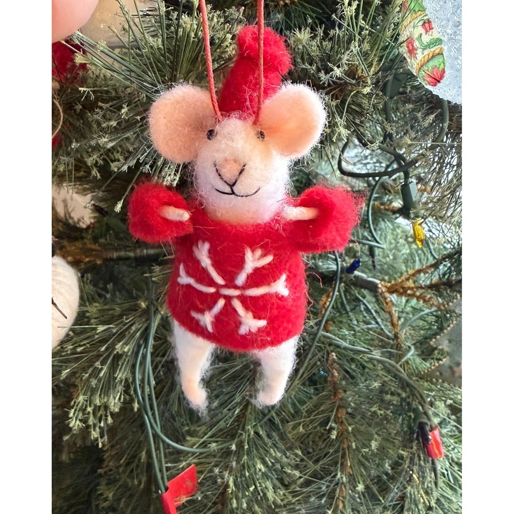 Handmade Needle Felted Christmas Mouse Ornament with Sweater and Hat 100% Wool